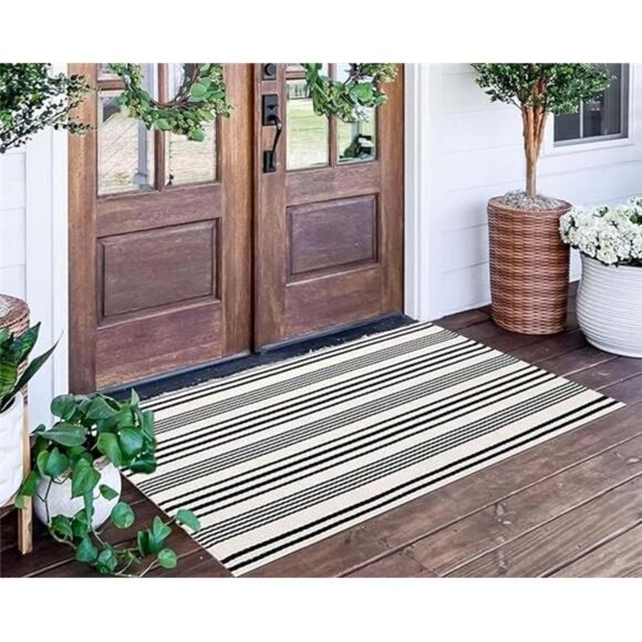 Black and White Striped Rug 24'' x51''Outdoor Front Porch Rug Hand-Woven Machine - Picture 7 of 7